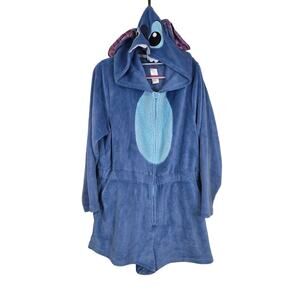 Women's Disney Stitch One Piece Hooded Fleece Robe Pajamas Romper | Size Large